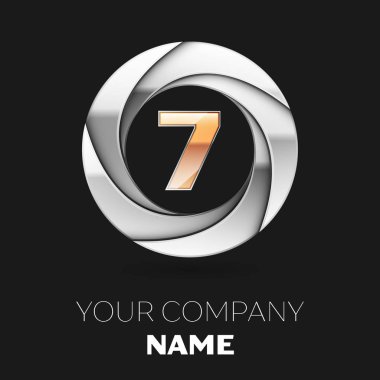 Gerçekçi altın yedi numara logo sembol siyah arka plan üzerine gümüş renkli daire şeklinde. Tasarımınız için vektör şablonu
