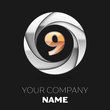 Gerçekçi altın Number Nine logo sembol siyah arka plan üzerine gümüş renkli daire şeklinde. Tasarımınız için vektör şablonu