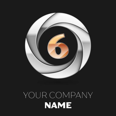 Gerçekçi altın altı numara logo sembol siyah arka plan üzerine gümüş renkli daire şeklinde. Tasarımınız için vektör şablonu