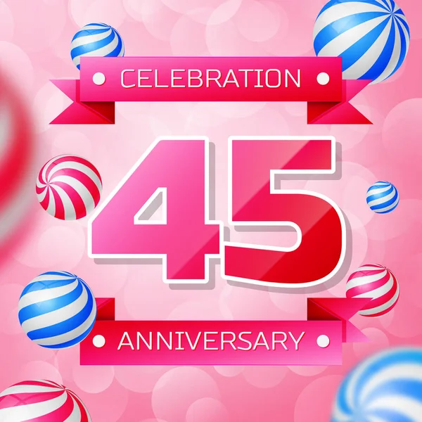 Banner realista de diseño de celebración de cuarenta y cinco años. Números rosas y cintas rosas, globos sobre fondo rosa. Coloridos elementos de plantilla Vector para su fiesta de cumpleaños — Archivo Imágenes Vectoriales