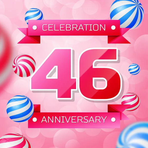 Banner realista de diseño de celebración de cuarenta y seis años. Números rosas y cintas rosas, globos sobre fondo rosa. Coloridos elementos de plantilla Vector para su fiesta de cumpleaños — Archivo Imágenes Vectoriales