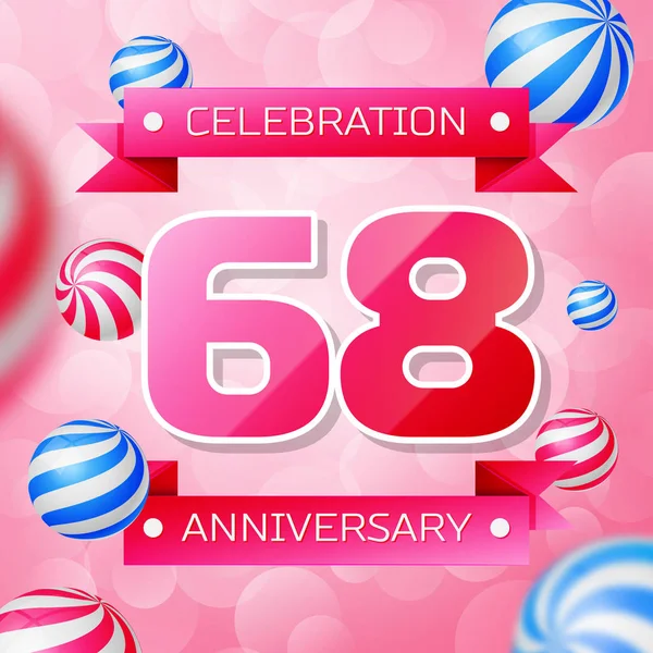 Реконструкция баннера "Шестьдесят восемь лет". Розовые числа и розовые ленты, шарики на розовом фоне. Цветные элементы шаблона вектора для вашего дня рождения — стоковый вектор