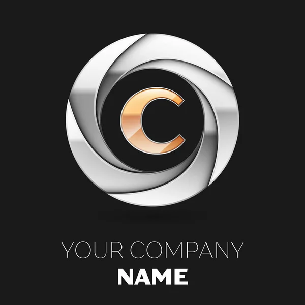 Symbole réaliste du logo de la lettre C dorée en forme de cercle coloré argenté sur fond noir. Modèle vectoriel pour votre conception — Image vectorielle
