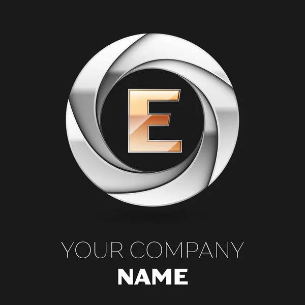 Символ логотипа - золотая буква Е в форме круга серебристого цвета на черном фоне. Векторный шаблон для Вашего дизайна — стоковый вектор