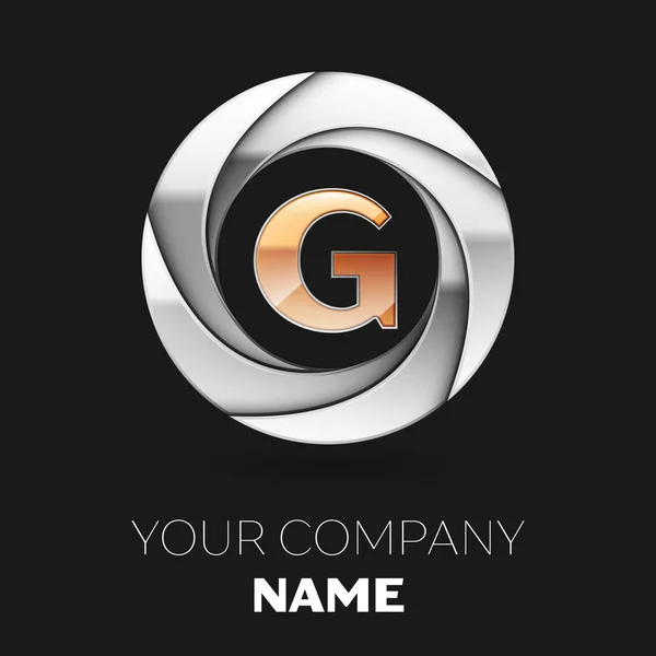 Symbole réaliste du logo de la lettre G dorée en forme de cercle coloré argenté sur fond noir. Modèle vectoriel pour votre conception — Image vectorielle