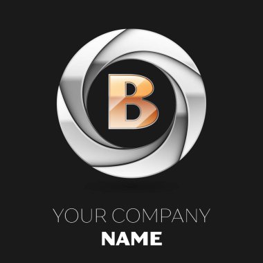 Gerçekçi altın mektup B logo sembol siyah arka plan üzerine gümüş renkli daire şeklinde. Tasarımınız için vektör şablonu