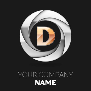 Gerçekçi altın harf D logo sembol siyah arka plan üzerine gümüş renkli daire şeklinde. Tasarımınız için vektör şablonu