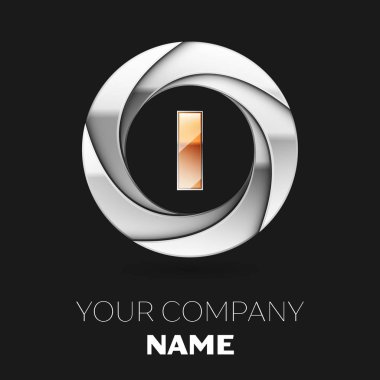 Gerçekçi altın harf ı logo sembol siyah arka plan üzerine gümüş renkli daire şeklinde. Tasarımınız için vektör şablonu