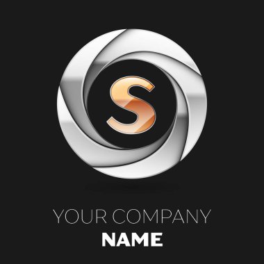 Gerçekçi altın harf S logo sembol siyah arka plan üzerine gümüş renkli daire şeklinde. Tasarımınız için vektör şablonu