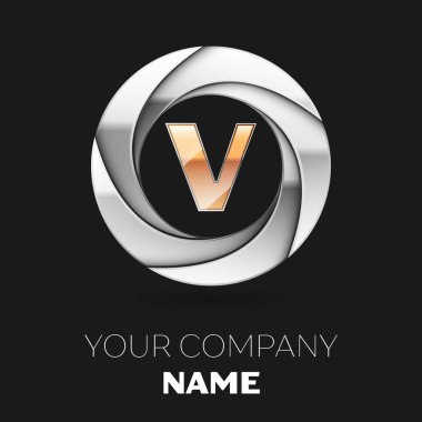 Gerçekçi altın harf V logo sembol siyah arka plan üzerine gümüş renkli daire şeklinde. Tasarımınız için vektör şablonu