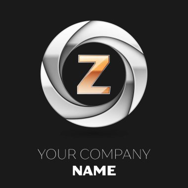 Gerçekçi altın harf Z logo sembol siyah arka plan üzerine gümüş renkli daire şeklinde. Tasarımınız için vektör şablonu