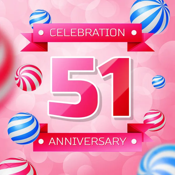 Realistic Fifty one Years Anniversary Banner de diseño de celebración. Números rosas y cintas rosas, globos sobre fondo rosa. Coloridos elementos de plantilla Vector para su fiesta de cumpleaños — Archivo Imágenes Vectoriales