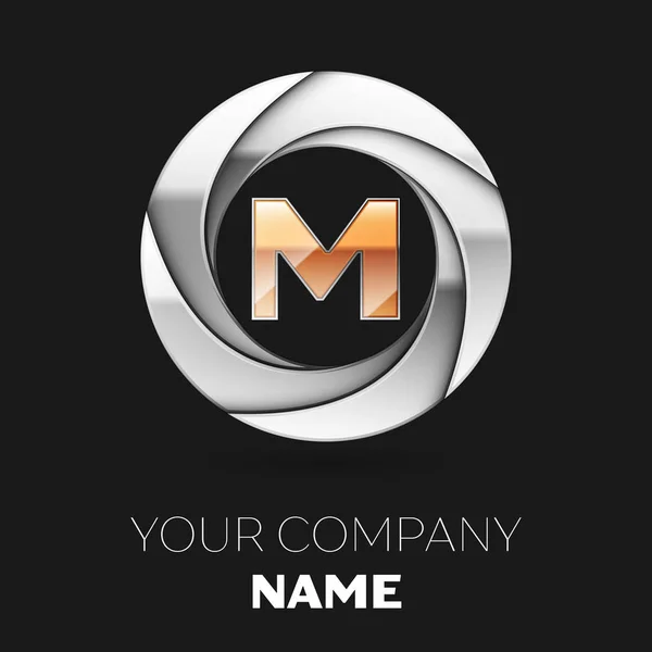 Realistické zlaté písmeno M logo symbol ve tvaru stříbrné Barevný kruh na černém pozadí. Vektor šablona pro návrh — Stockový vektor