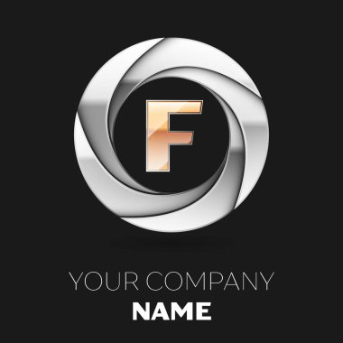 Gerçekçi altın harf F logo sembol siyah arka plan üzerine gümüş renkli daire şeklinde. Tasarımınız için vektör şablonu