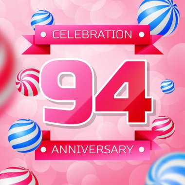 Gerçekçi doksan dört yıl yıldönümü kutlamaları tasarım afiş. Pembe numaraları ve pembe kurdele, pembe bir arka plan üzerinde balonlar. Doğum günü partin için renkli vektör şablon öğeleri