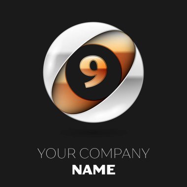 Gerçekçi altın Number Nine logo sembol siyah arka plan üzerine gümüş-altın renkli daire şeklinde. Tasarımınız için vektör şablonu