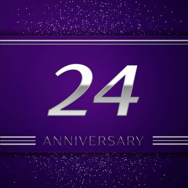 Gerçekçi yirmi dört yıl yıldönümü kutlamaları tasarım afiş. Gümüş numarası ve mor zemin üzerine konfeti. Doğum günü partin için renkli vektör şablon öğeleri