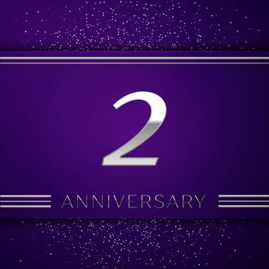 Gerçekçi iki yıl yıldönümü kutlamaları tasarım afiş. Gümüş numarası ve mor zemin üzerine konfeti. Doğum günü partin için renkli vektör şablon öğeleri
