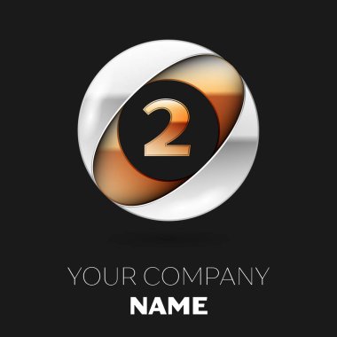 Gerçekçi altın iki numara logo sembol siyah arka plan üzerine gümüş-altın renkli daire şeklinde. Tasarımınız için vektör şablonu