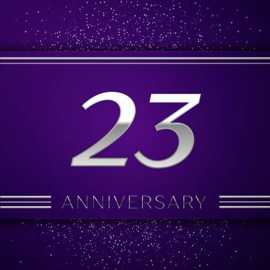 Gerçekçi yirmi üç yıl yıldönümü kutlamaları tasarım afiş. Gümüş numarası ve mor zemin üzerine konfeti. Doğum günü partin için renkli vektör şablon öğeleri