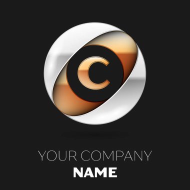 Gerçekçi altın harfi C logo sembol siyah arka plan üzerine gümüş-altın renkli daire şeklinde. Tasarımınız için vektör şablonu
