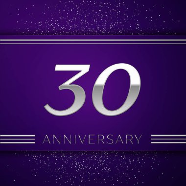 Gerçekçi otuz yıl yıldönümü kutlamaları tasarım afiş. Gümüş numarası ve mor zemin üzerine konfeti. Doğum günü partin için renkli vektör şablon öğeleri