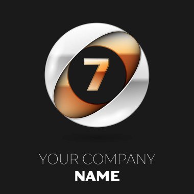 Gerçekçi altın yedi numara logo sembol siyah arka plan üzerine gümüş-altın renkli daire şeklinde. Tasarımınız için vektör şablonu