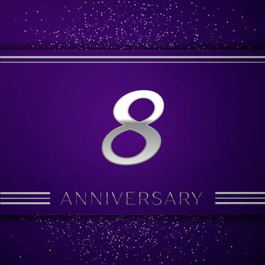 Gerçekçi sekiz yıl yıldönümü kutlamaları tasarım afiş. Gümüş numarası ve mor zemin üzerine konfeti. Doğum günü partin için renkli vektör şablon öğeleri