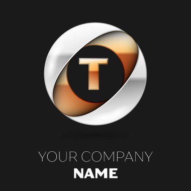 Gerçekçi altın mektup T logo sembol siyah arka plan üzerine gümüş-altın renkli daire şeklinde. Tasarımınız için vektör şablonu