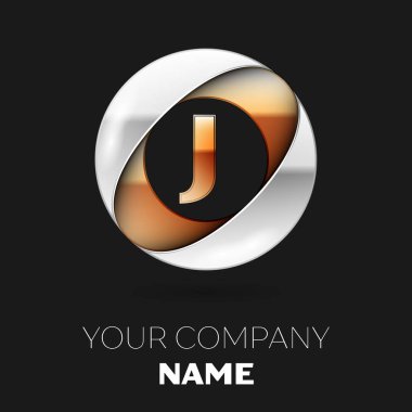 Gerçekçi altın harf J logo sembol siyah arka plan üzerine gümüş-altın renkli daire şeklinde. Tasarımınız için vektör şablonu