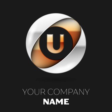 Gerçekçi altın harf U logo sembol siyah arka plan üzerine gümüş-altın renkli daire şeklinde. Tasarımınız için vektör şablonu