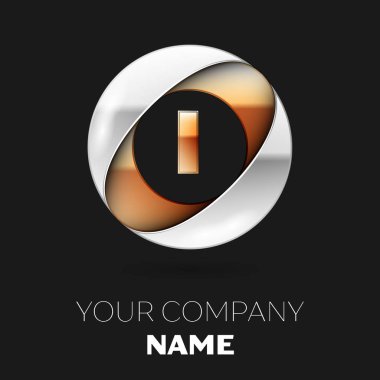 Gerçekçi altın harf ı logo sembol siyah arka plan üzerine gümüş-altın renkli daire şeklinde. Tasarımınız için vektör şablonu