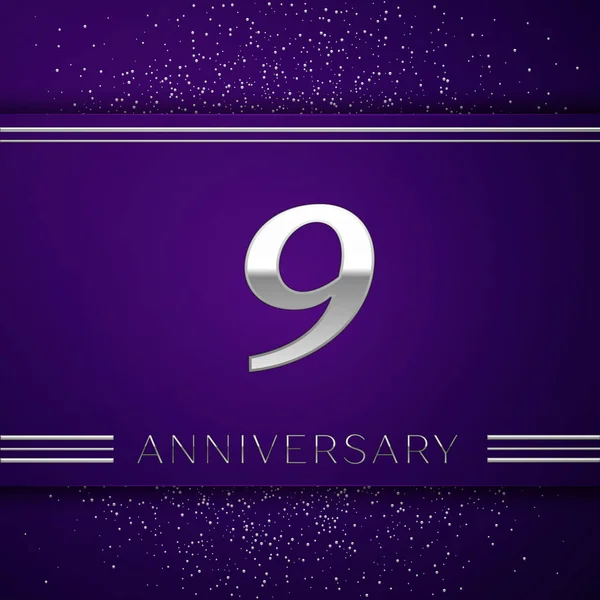 Nove anni realistici Anniversario Celebrazione bandiera di design. Numero d'argento e coriandoli su sfondo viola. Elementi colorati del modello vettoriale per la tua festa di compleanno — Vettoriale Stock