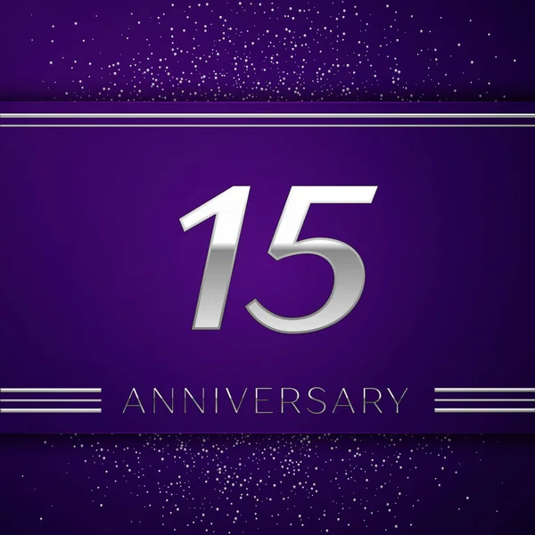 Realistic Fifteen Years Anniversary Banner de diseño de celebración. Número de plata y confeti sobre fondo púrpura. Coloridos elementos de plantilla Vector para su fiesta de cumpleaños — Vector de stock