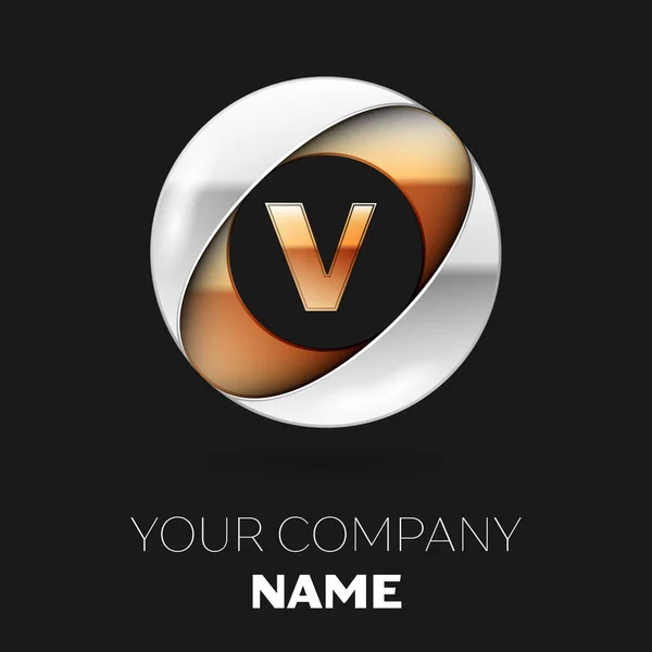 Reális arany levél V logo szimbólum az Ezüst-arany színes kör alakú, fekete háttér. A design vektor sablon — Stock Vector