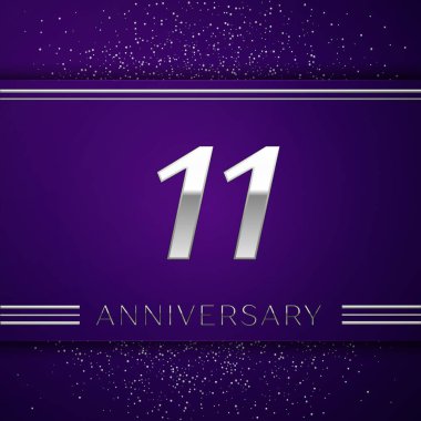 Gerçekçi onbir yıl yıldönümü kutlamaları tasarım afiş. Gümüş numarası ve mor zemin üzerine konfeti. Doğum günü partin için renkli vektör şablon öğeleri