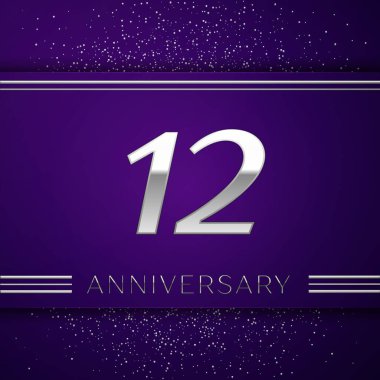 Gerçekçi on iki yıl yıldönümü kutlamaları tasarım afiş. Gümüş numarası ve mor zemin üzerine konfeti. Doğum günü partin için renkli vektör şablon öğeleri