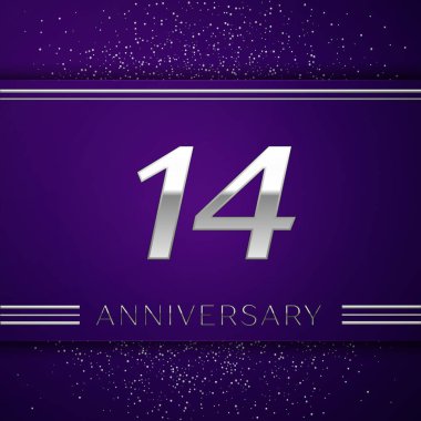 Gerçekçi on dört yıl yıldönümü kutlamaları tasarım afiş. Gümüş numarası ve mor zemin üzerine konfeti. Doğum günü partin için renkli vektör şablon öğeleri