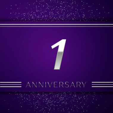 Gerçekçi bir yıl yıldönümü kutlamaları tasarım afiş. Gümüş numarası ve mor zemin üzerine konfeti. Doğum günü partin için renkli vektör şablon öğeleri