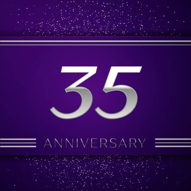 Gerçekçi otuz beş yıl yıldönümü kutlamaları tasarım afiş. Gümüş numarası ve mor zemin üzerine konfeti. Doğum günü partin için renkli vektör şablon öğeleri