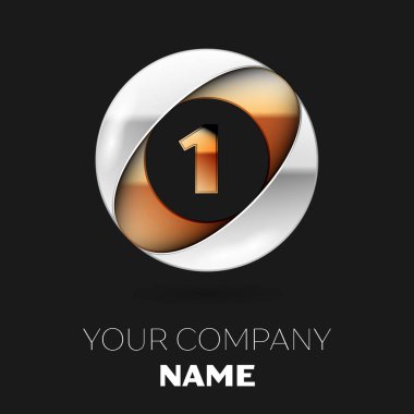 Gerçekçi altın bir logo sembol siyah arka plan üzerine gümüş-altın renkli daire şeklinde. Tasarımınız için vektör şablonu