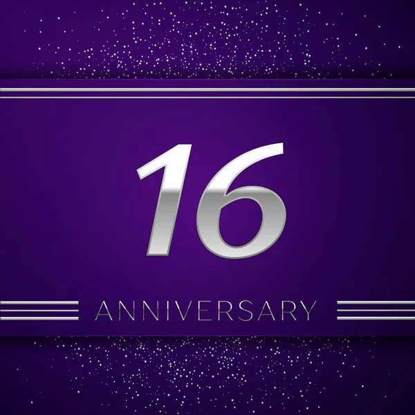 Realistic Sixteen Years Anniversary Banner de diseño de celebración. Número de plata y confeti sobre fondo púrpura. Coloridos elementos de plantilla Vector para su fiesta de cumpleaños — Vector de stock