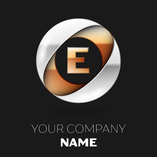 Realista símbolo del logotipo de la letra E dorada en forma de círculo colorido plateado sobre fondo negro. Plantilla vectorial para su diseño — Archivo Imágenes Vectoriales