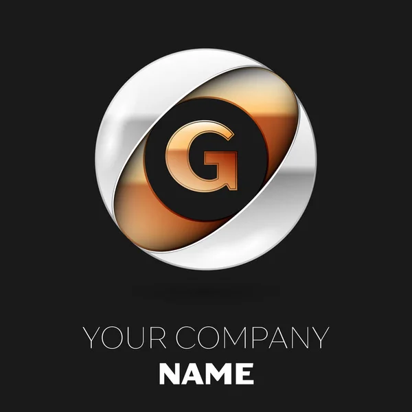 Символ логотипа - золотая буква G в форме серебристо-золотистого круга на черном фоне. Векторный шаблон для Вашего дизайна — стоковый вектор