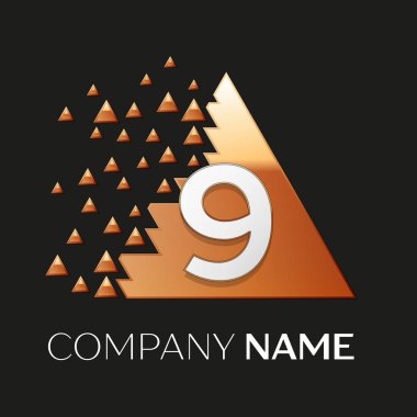 Gerçekçi gümüş Number Nine logo sembol siyah arka plan üzerine parçalanmış bloklarla altın renkli piksel üçgen şeklinde. Tasarımınız için vektör şablonu