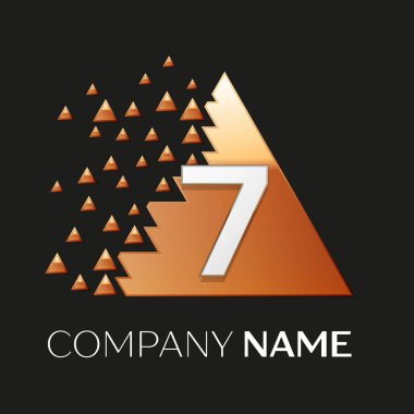 Gerçekçi gümüş yedi numara logo sembol siyah arka plan üzerine parçalanmış bloklarla altın renkli piksel üçgen şeklinde. Tasarımınız için vektör şablonu
