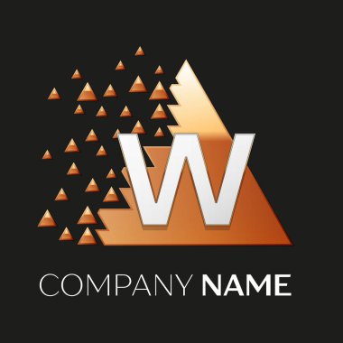 Gerçekçi gümüş harf W logo sembol siyah arka plan üzerine parçalanmış bloklarla altın renkli piksel üçgen şeklinde. Tasarımınız için vektör şablonu