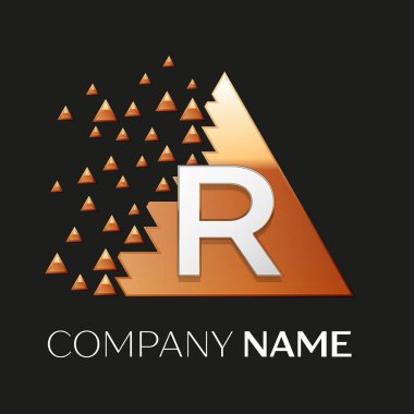 Gerçekçi gümüş harf R logo sembol siyah arka plan üzerine parçalanmış bloklarla altın renkli piksel üçgen şeklinde. Tasarımınız için vektör şablonu