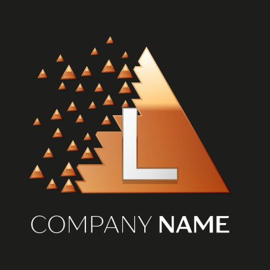Gerçekçi gümüş harf L logo sembol siyah arka plan üzerine parçalanmış bloklarla altın renkli piksel üçgen şeklinde. Tasarımınız için vektör şablonu