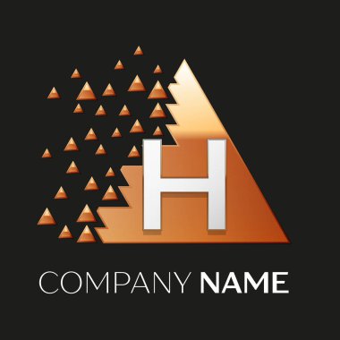 Gerçekçi gümüş H harfi logo sembol siyah arka plan üzerine parçalanmış bloklarla altın renkli piksel üçgen şeklinde. Tasarımınız için vektör şablonu